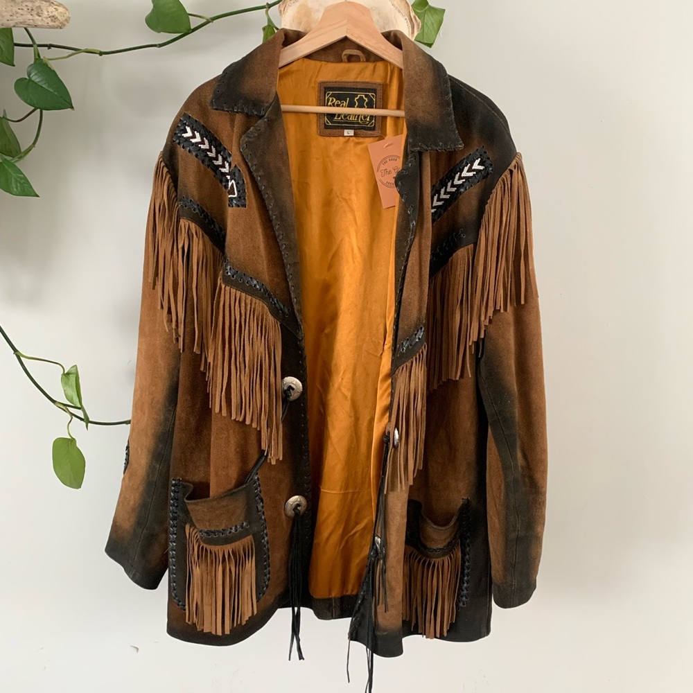 Vintage Brown Leather Fringe Beadwork Jacket
